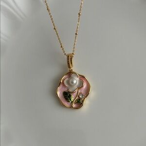 Pink Enamel Flower Gold Necklace, Freshwater Pearl Necklace, Handmade Pendant